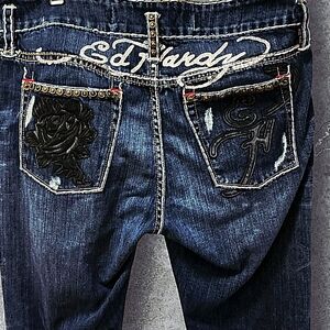 Ed Hardy Women's Dark Blue Embroidered Back-Pocket Boyfriend Jeans